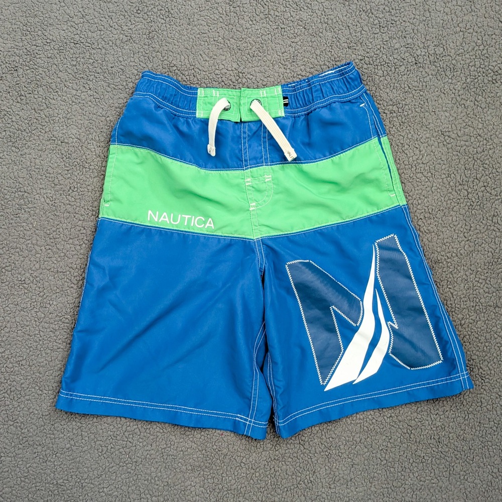 Nautica Boys Blue Green Colorblock Swim Trunks Sail Logo Board Shorts Size M